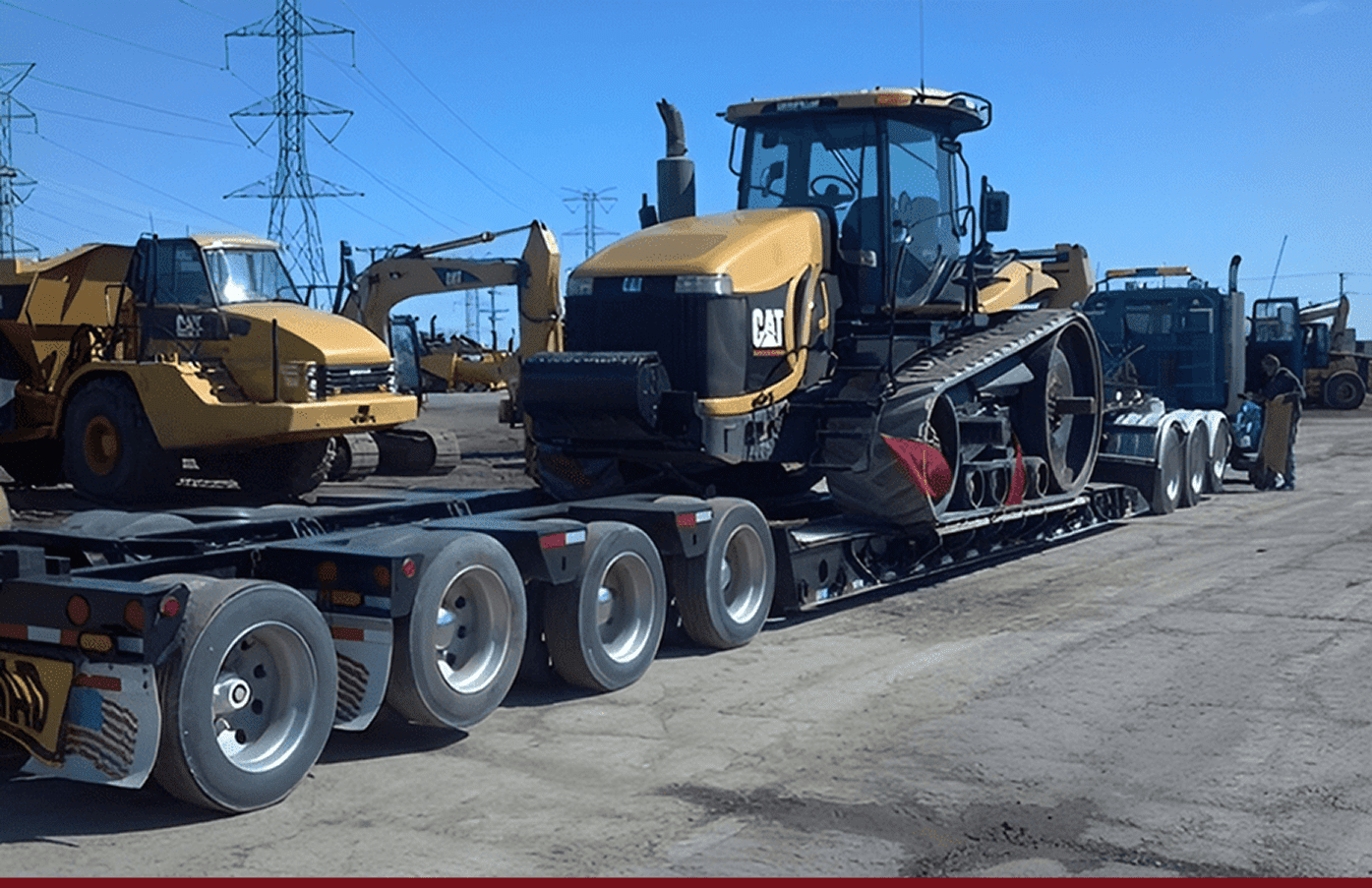 Caterpillar tracked bulldozer on lowboy trailer