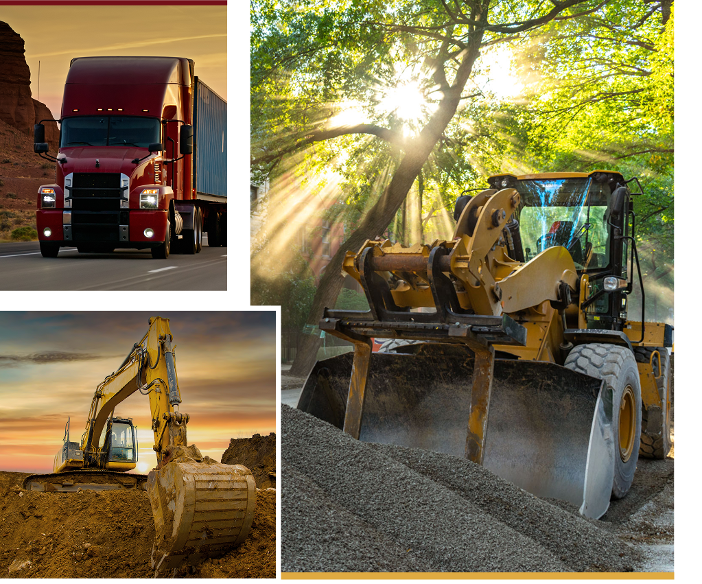 Construction equipment collage: truck, excavator, loader
